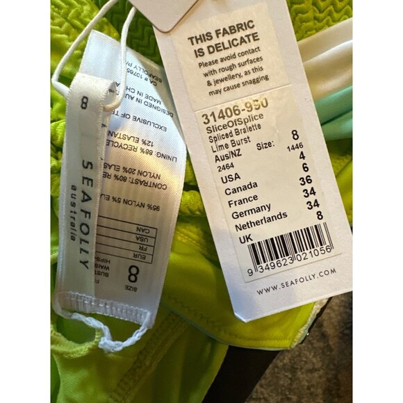 Seafolly Slice Of Splice Bralette Bikini Top Lime & Aqua Size 8 Convertible NWT - Picture 7 of 7